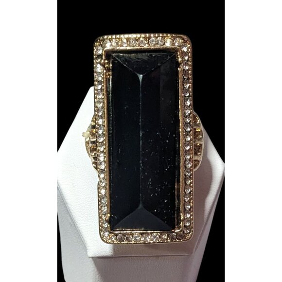 Art Deco Style Glam Black And Gold Stretch Statement Ring Size 6 3/4 - Picture 6 of 16